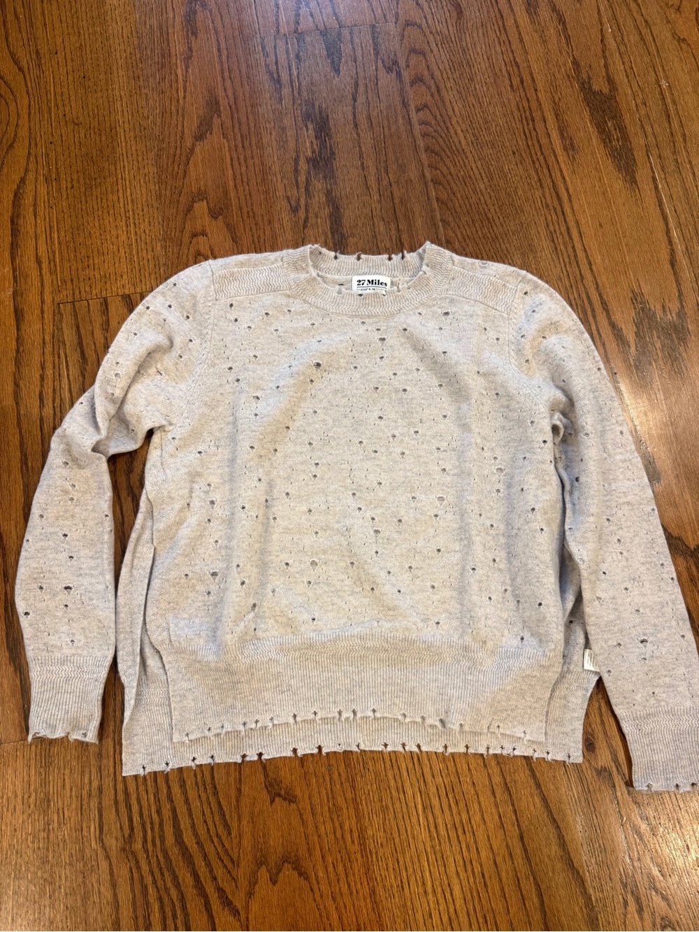 27 Miles Malibu Beige Distressed Crewneck Sweater